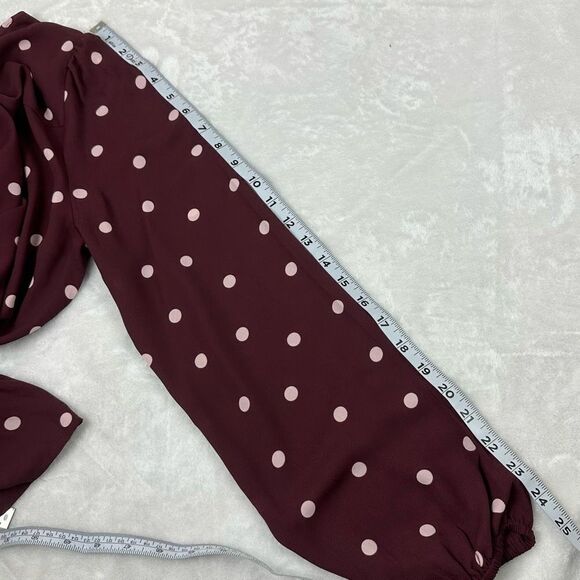 Loft Women's Size M Long Sleeve Split Neck Peplum Blouse Maroon With White Dots - Picture 9 of 11